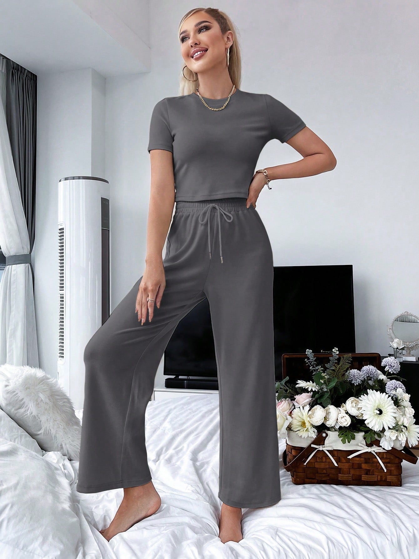 Solid Tee & Tie Waist Wide Leg Pants Lounge Set