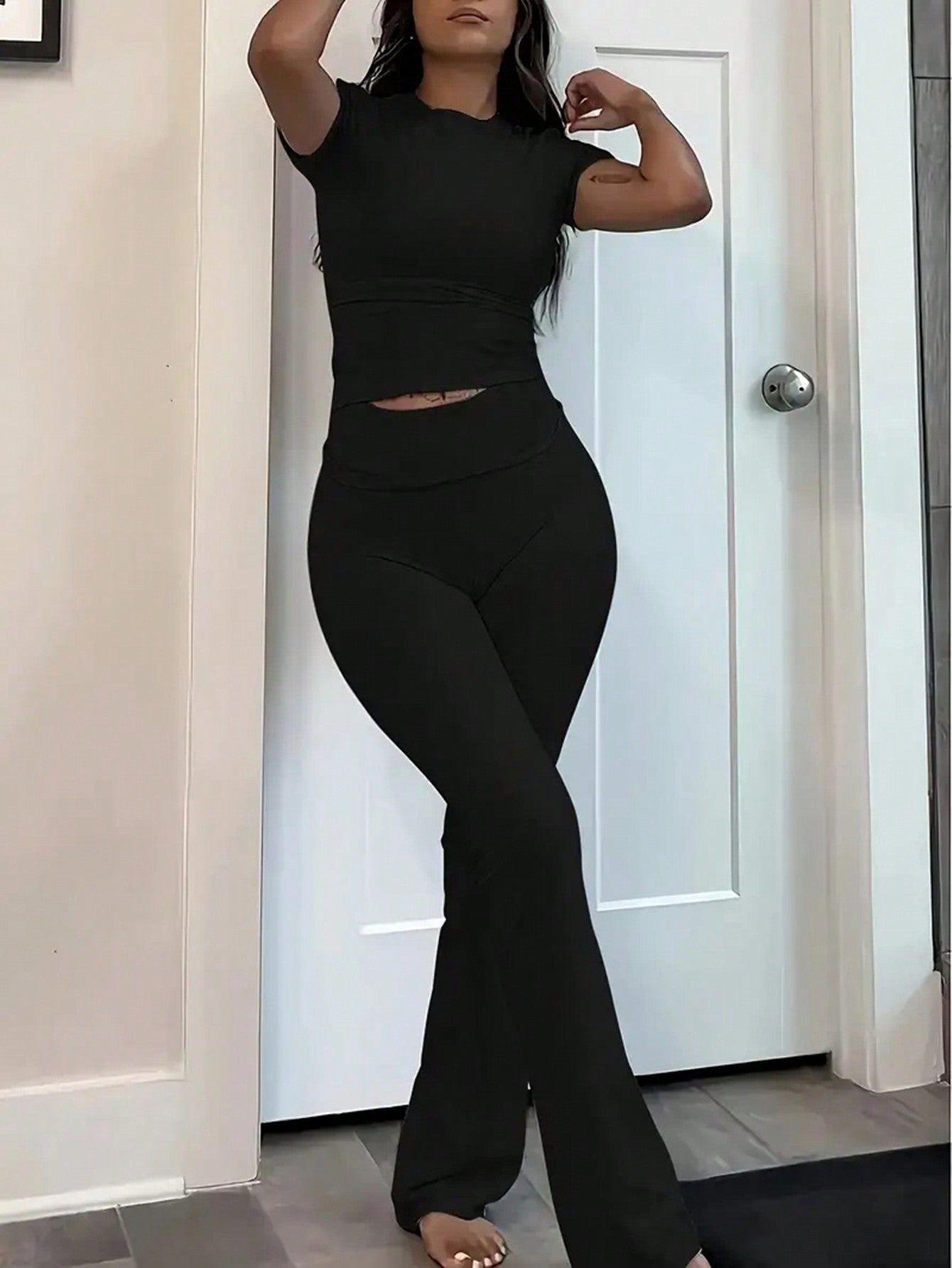 Short Sleeve & Flared Pants Two-Piece