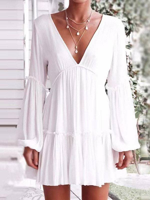 Mini Dress with Deep V-Neck and Long Sleeves