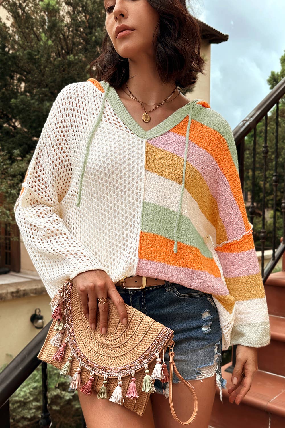 Oversized V Neck Hooded Sweater