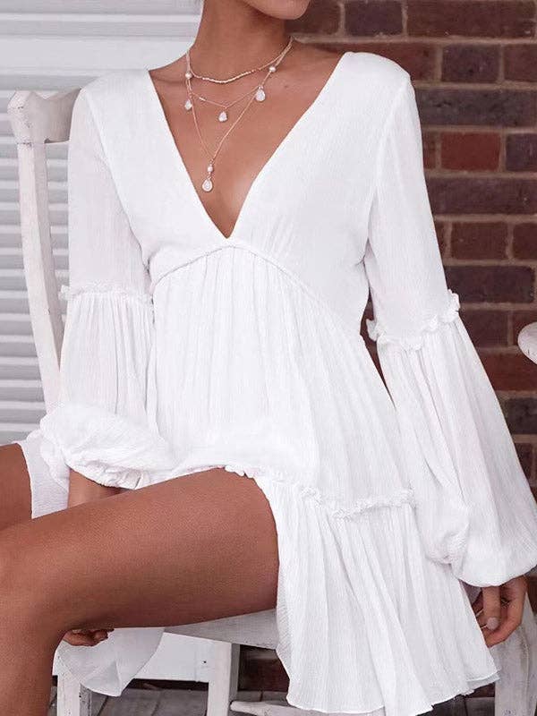 Mini Dress with Deep V-Neck and Long Sleeves