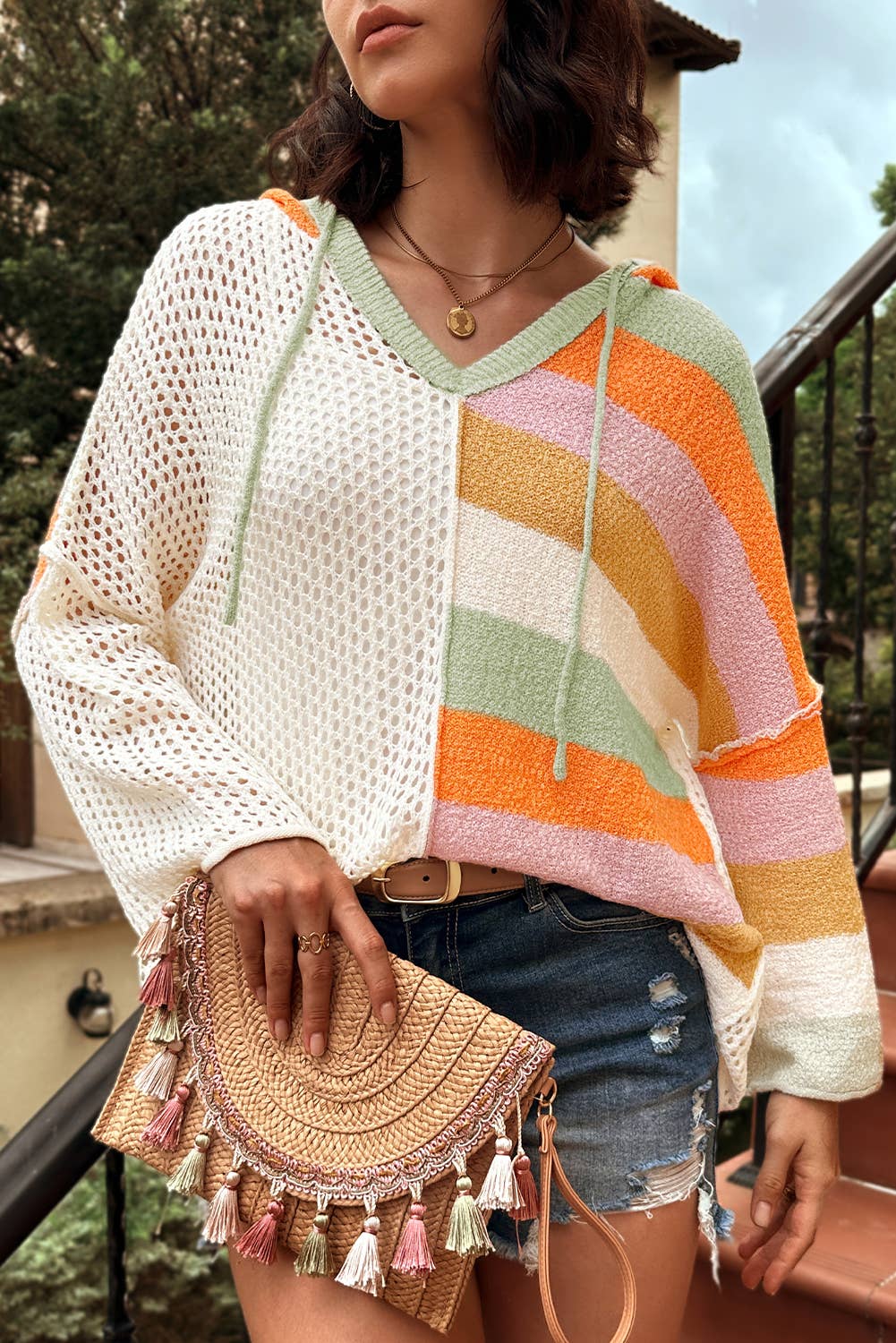 Oversized V Neck Hooded Sweater