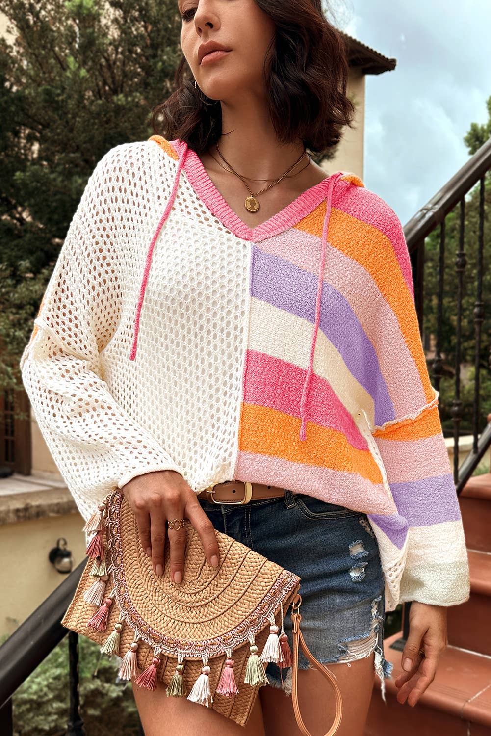 Oversized V Neck Hooded Sweater