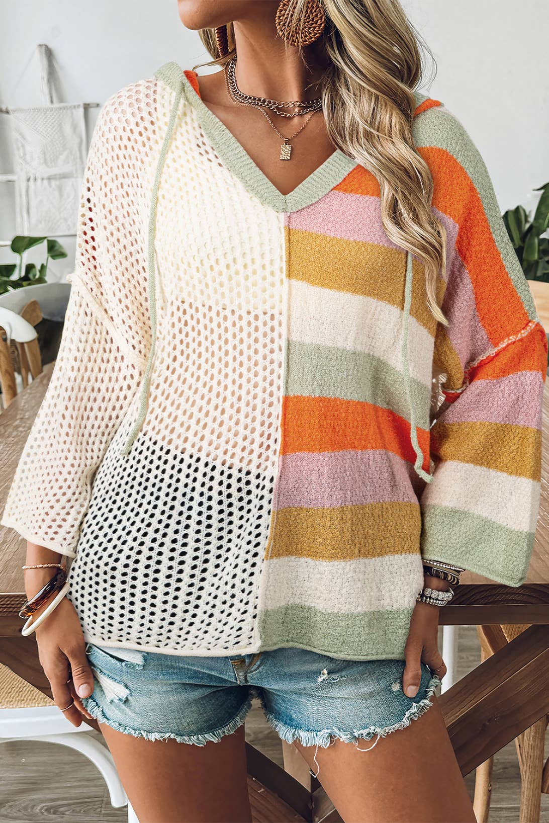 Oversized V Neck Hooded Sweater