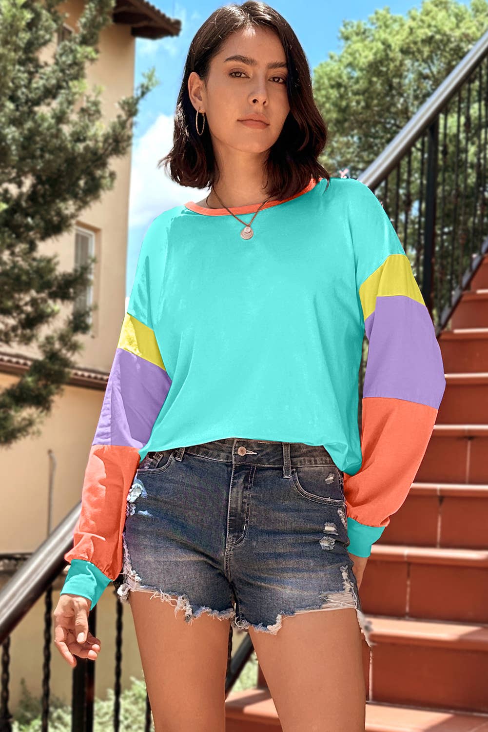 Colorblock Patchwork Long Sleeve Loose Top