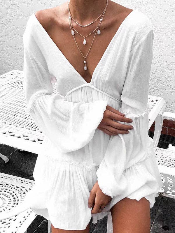 Mini Dress with Deep V-Neck and Long Sleeves