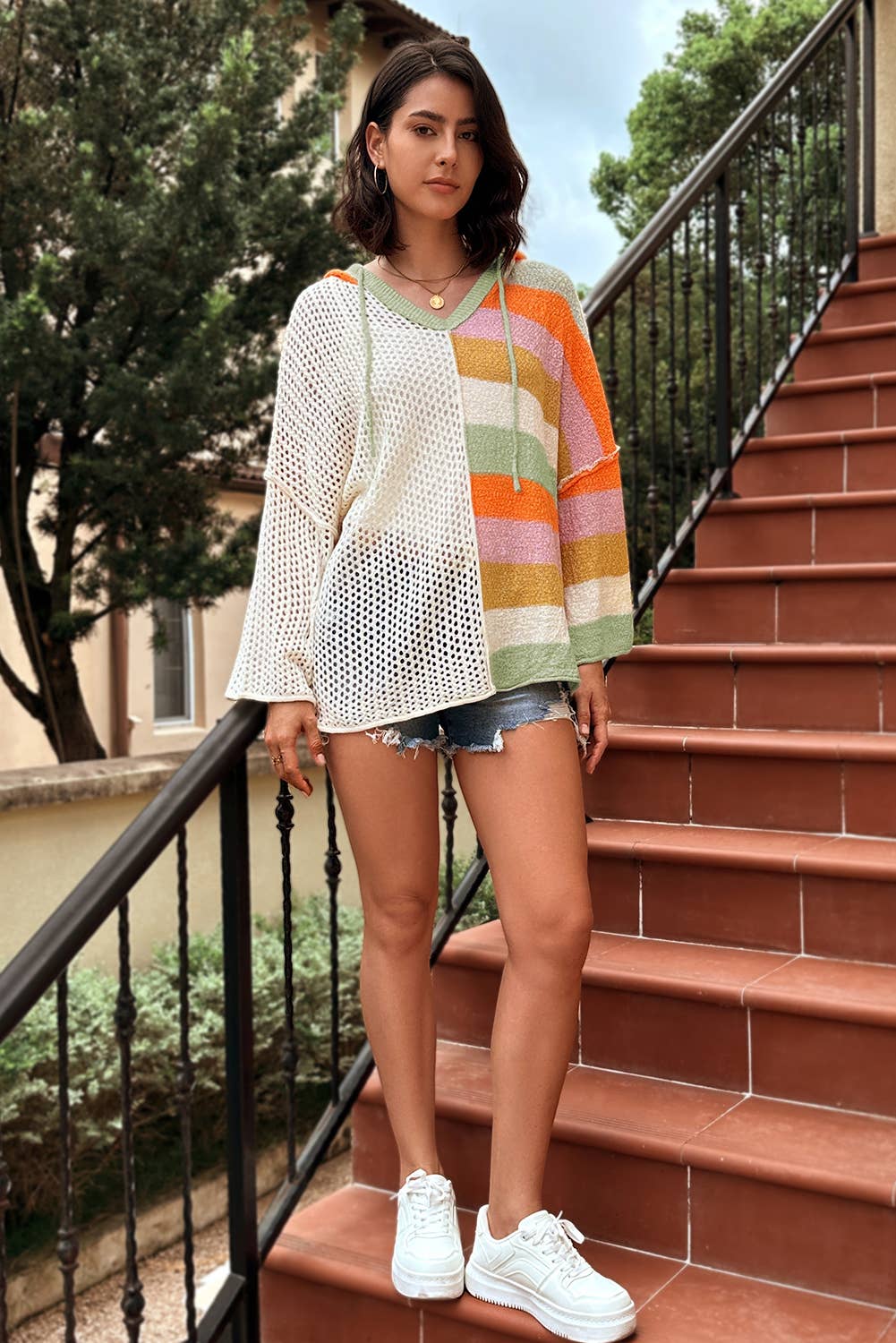 Oversized V Neck Hooded Sweater