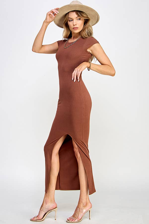 Crew Neck Short Sleeve Slit Maxi Dress