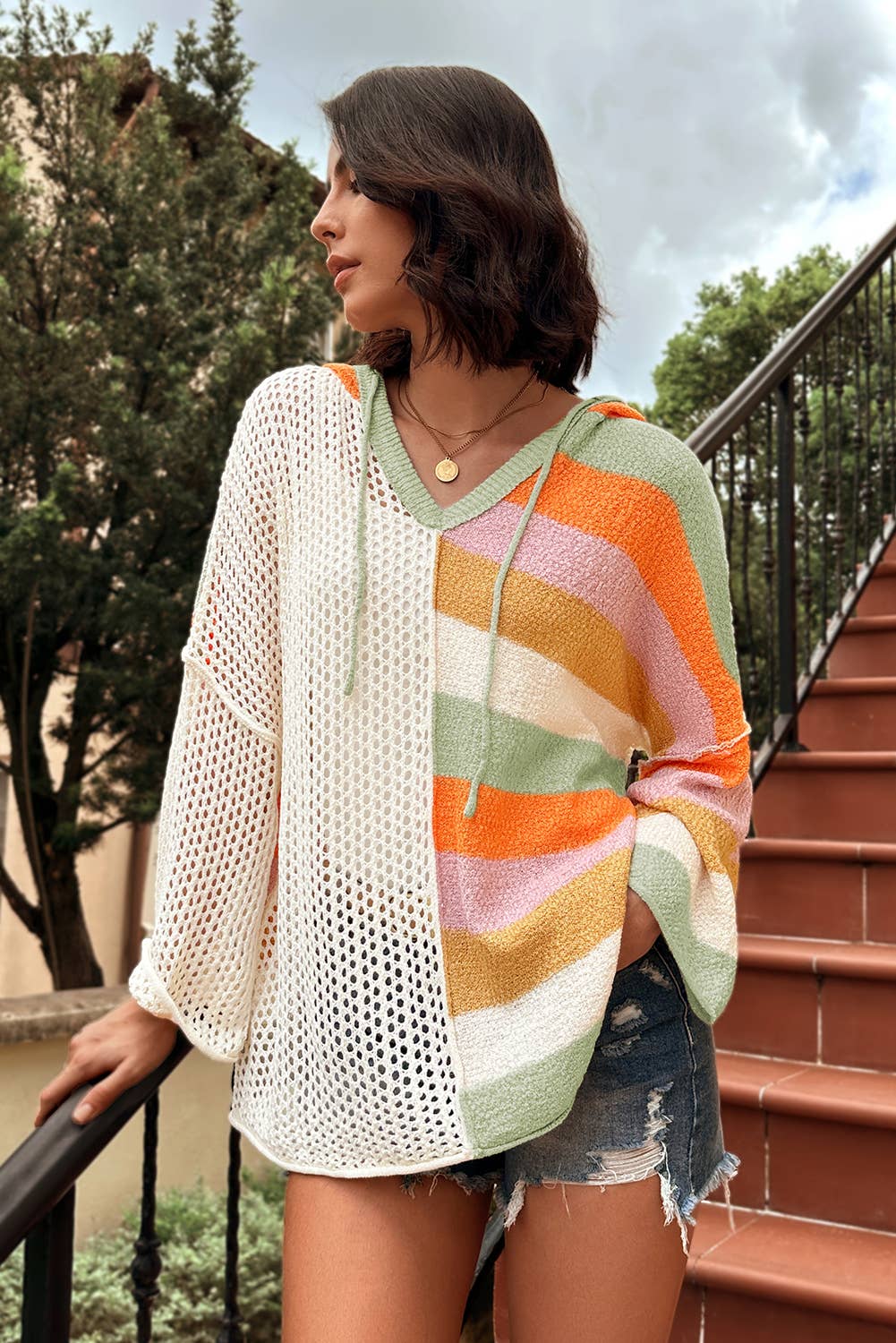 Oversized V Neck Hooded Sweater